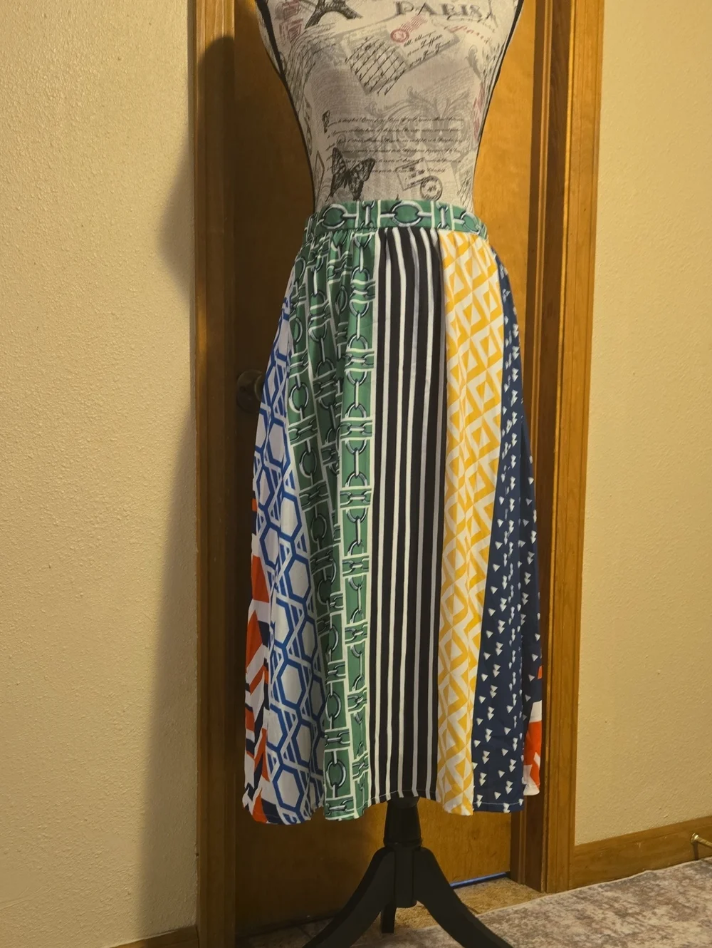 Flying Tomato Multicolor Midi Skirt in Green, Blue, Yellow, Black & White